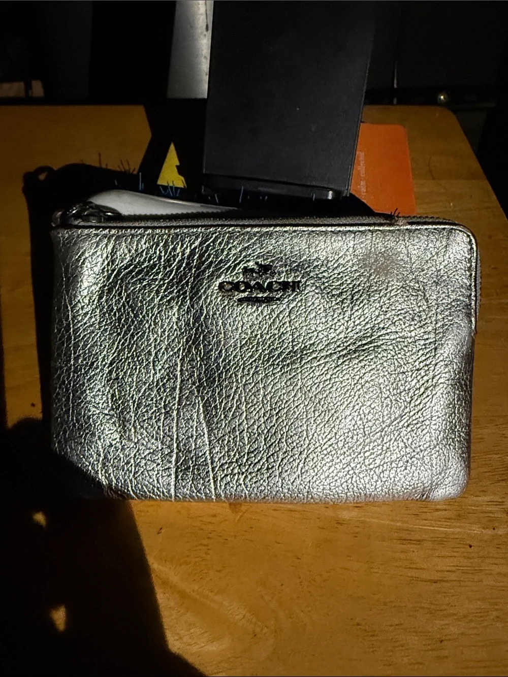 Coach Silver Metallic Leather Wristlet Pouch